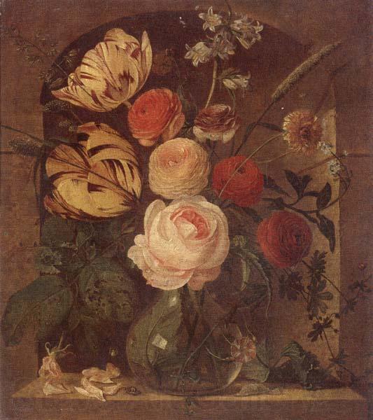unknow artist Still life of various flowers in a glass vase,set in a niche
